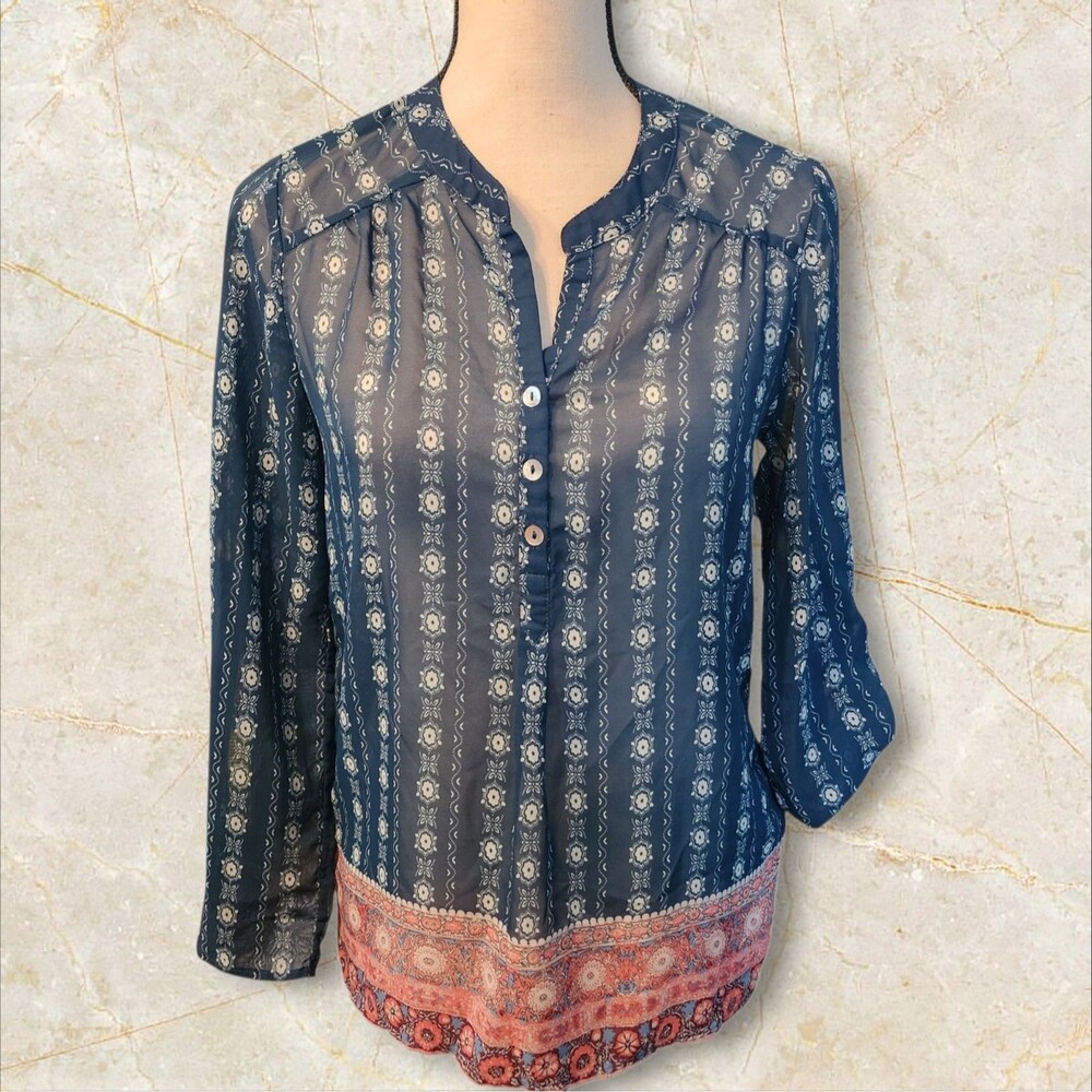 About A Girl Navy Boho Sheer Blouse S Button Front Printed Hem Tunic Top